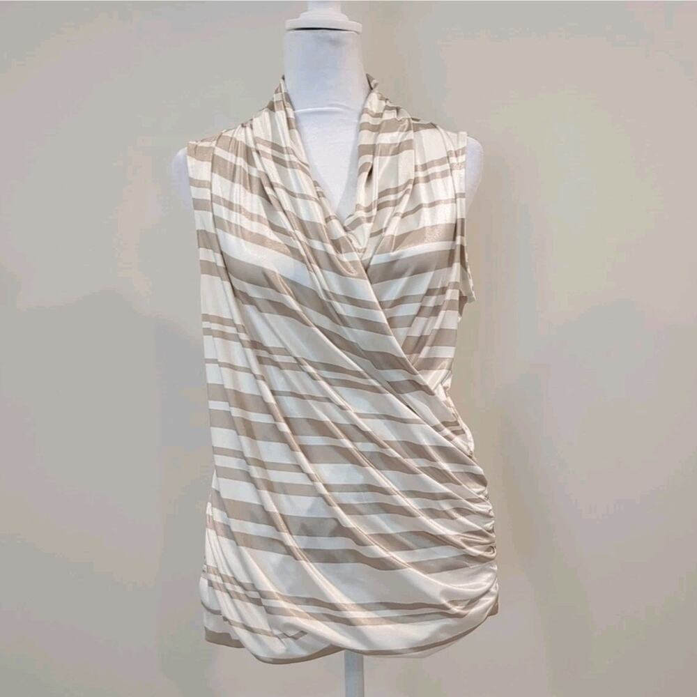 New York & Company Womens M Faux Wrap Blouse Beige Tan White Top Preppy Evening